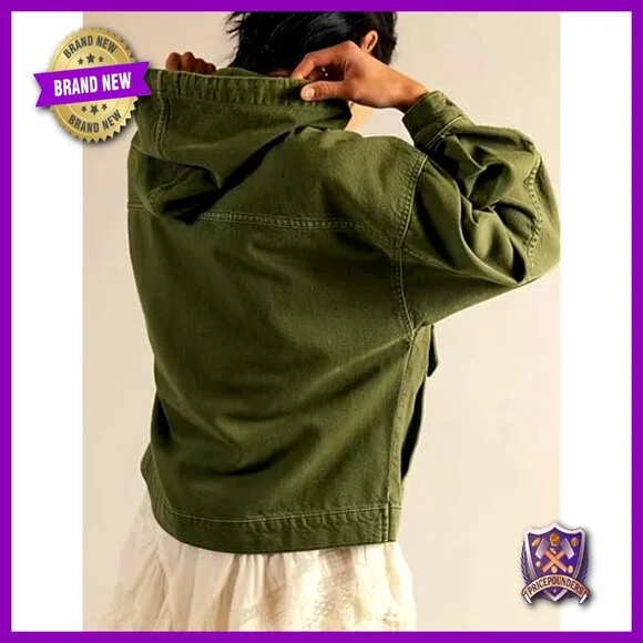 Oversized Denim Hooded Pullover Jacket Half Zip Cargo Pockets Casual Chic